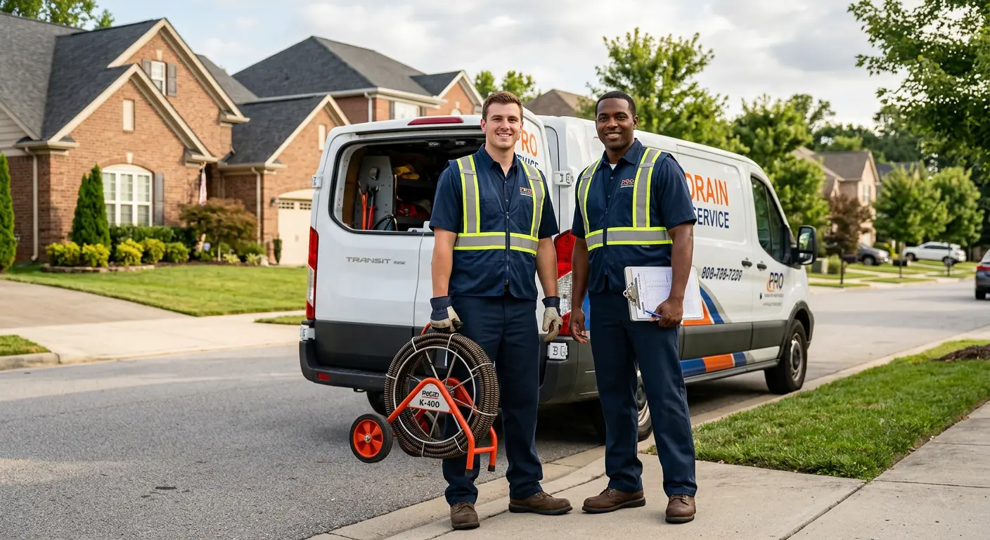 Sewer and drain service team with equipment ready for work in Corinth