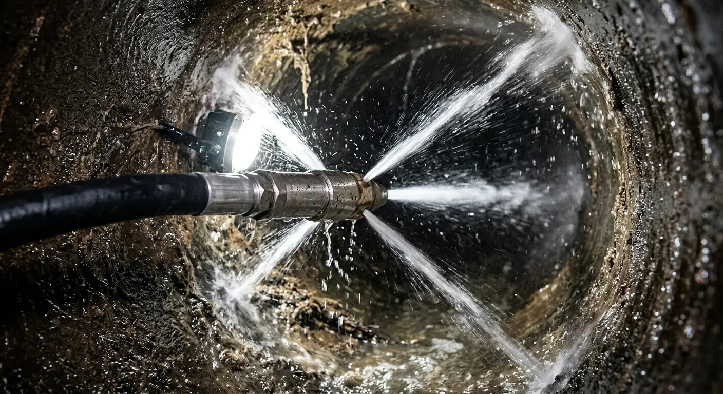 High-pressure hydro jetting nozzle cleaning sewer pipe for Trenchless Sewer Repair in Corinth